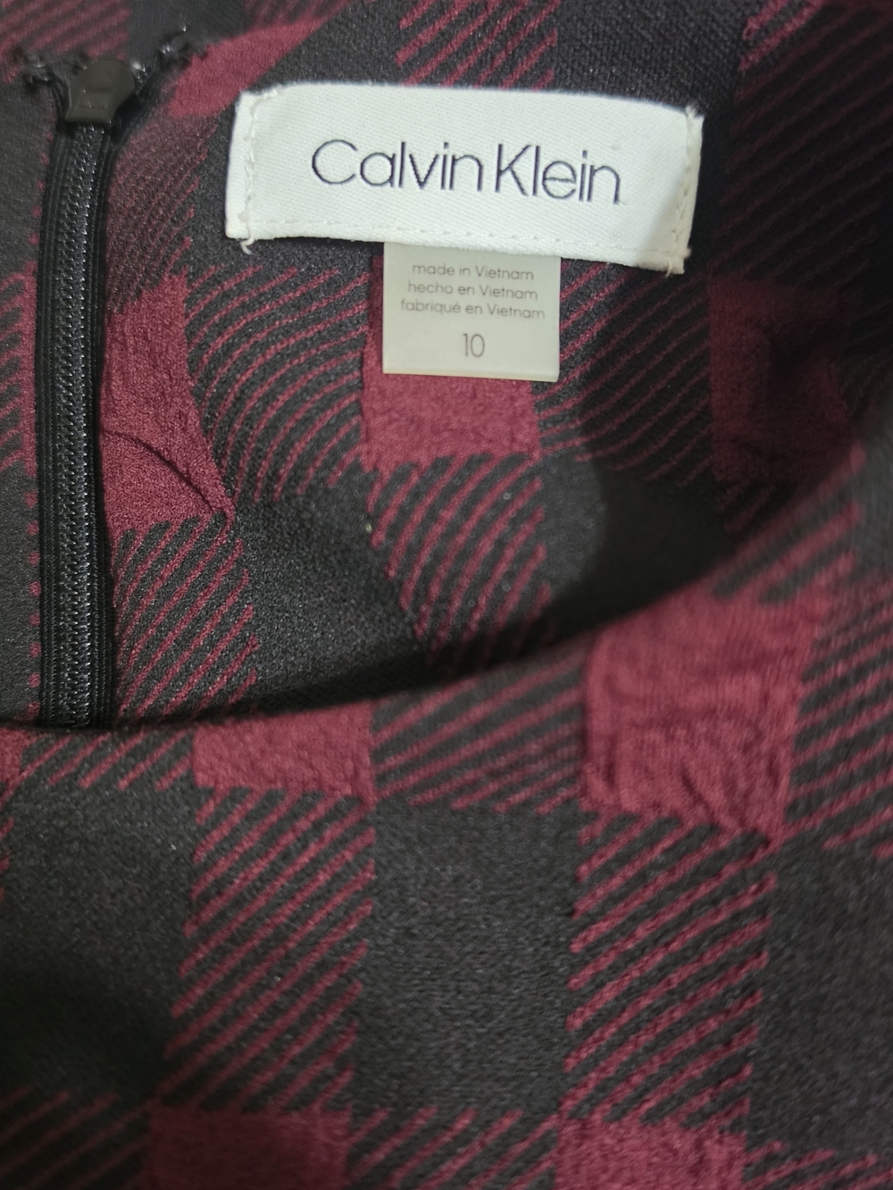 Calvin Klein Burgundy and Black Check Midi Sheath Dress Size 10 - Picture 3 of 3